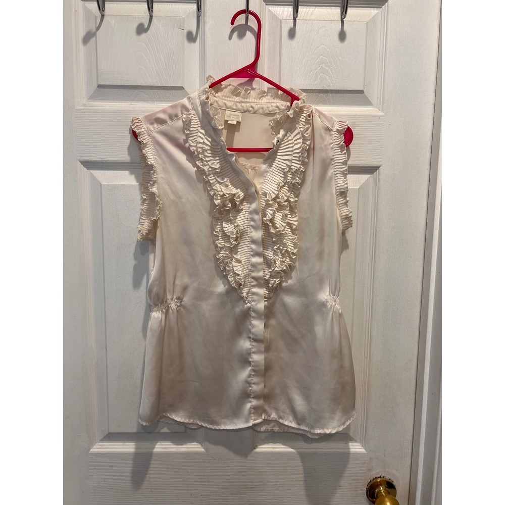 Converse One Star Cream Ruffle Bib Sleeveless Button Blouse Womens L Cottagecore
